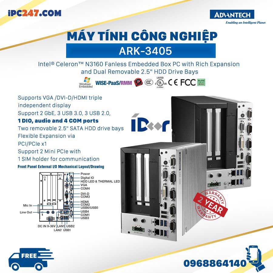 ARK-3405 Advantech: máy hộp không quạt ba ngõ hình