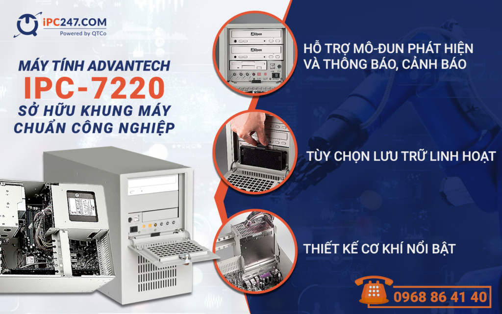 Máy tính công nghiệp Advantech IPC-7220 với thân máy chuẩn công nghiệp và cửa trước khoá được